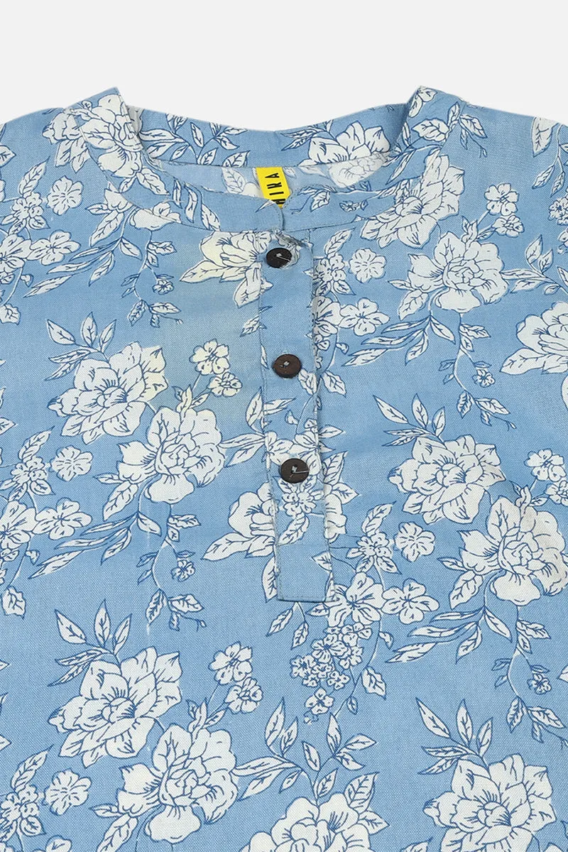 Light Blue Cotton Blend Floral Printed Straight Tunic