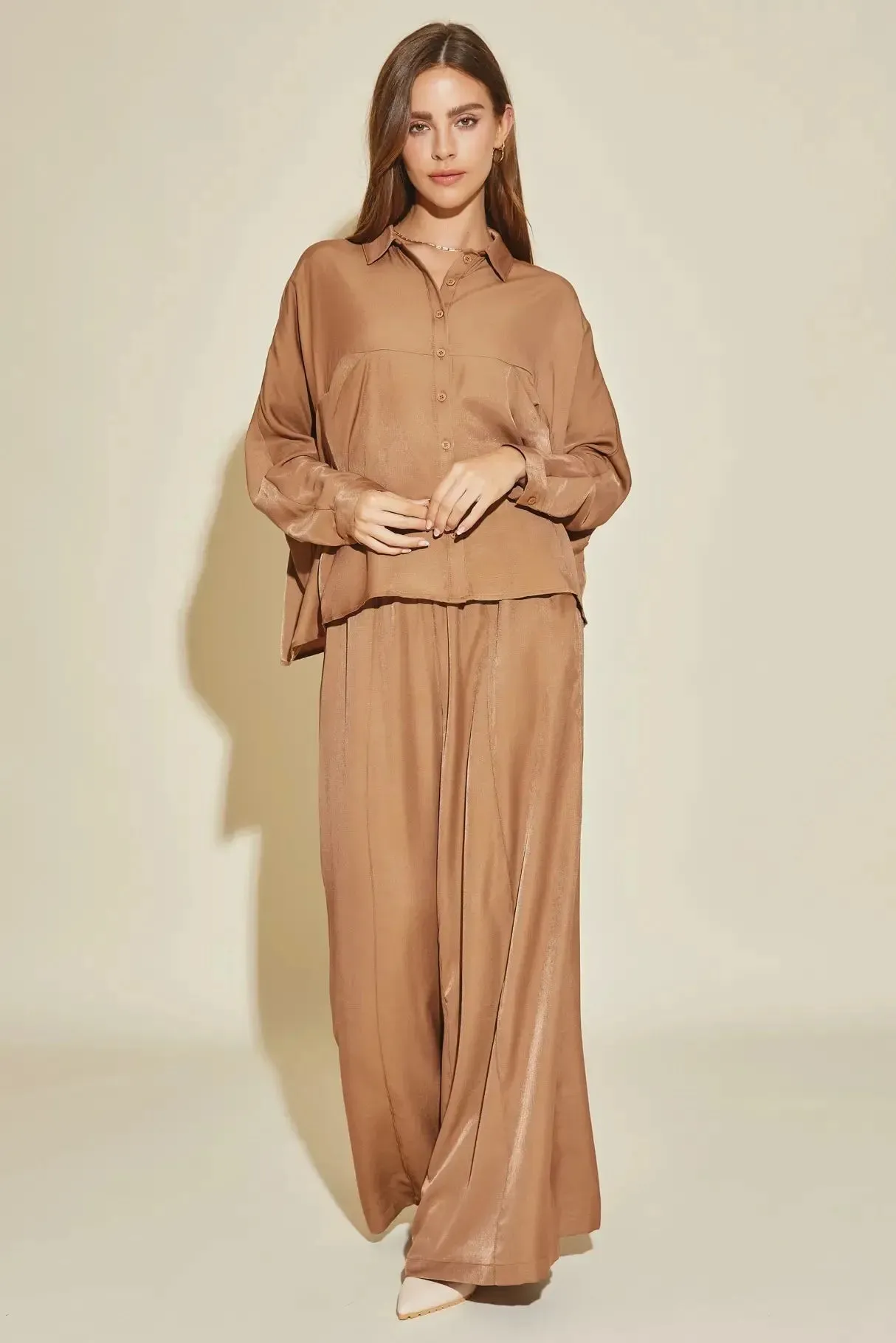 Luxe Satin Button-Down Oversized Flare Shirt