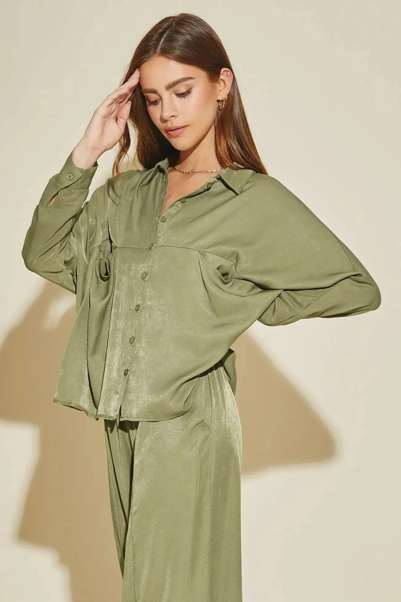 Luxe Satin Button-Down Oversized Flare Shirt