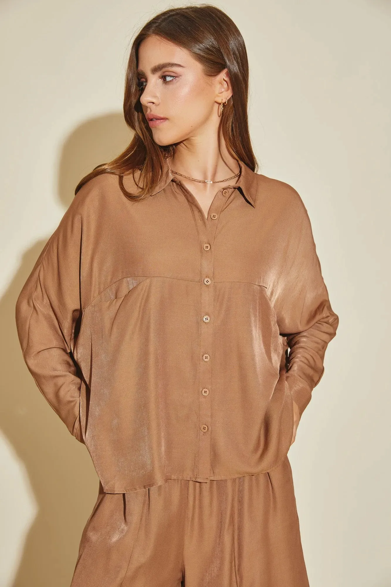 Luxe Satin Button-Down Oversized Flare Shirt