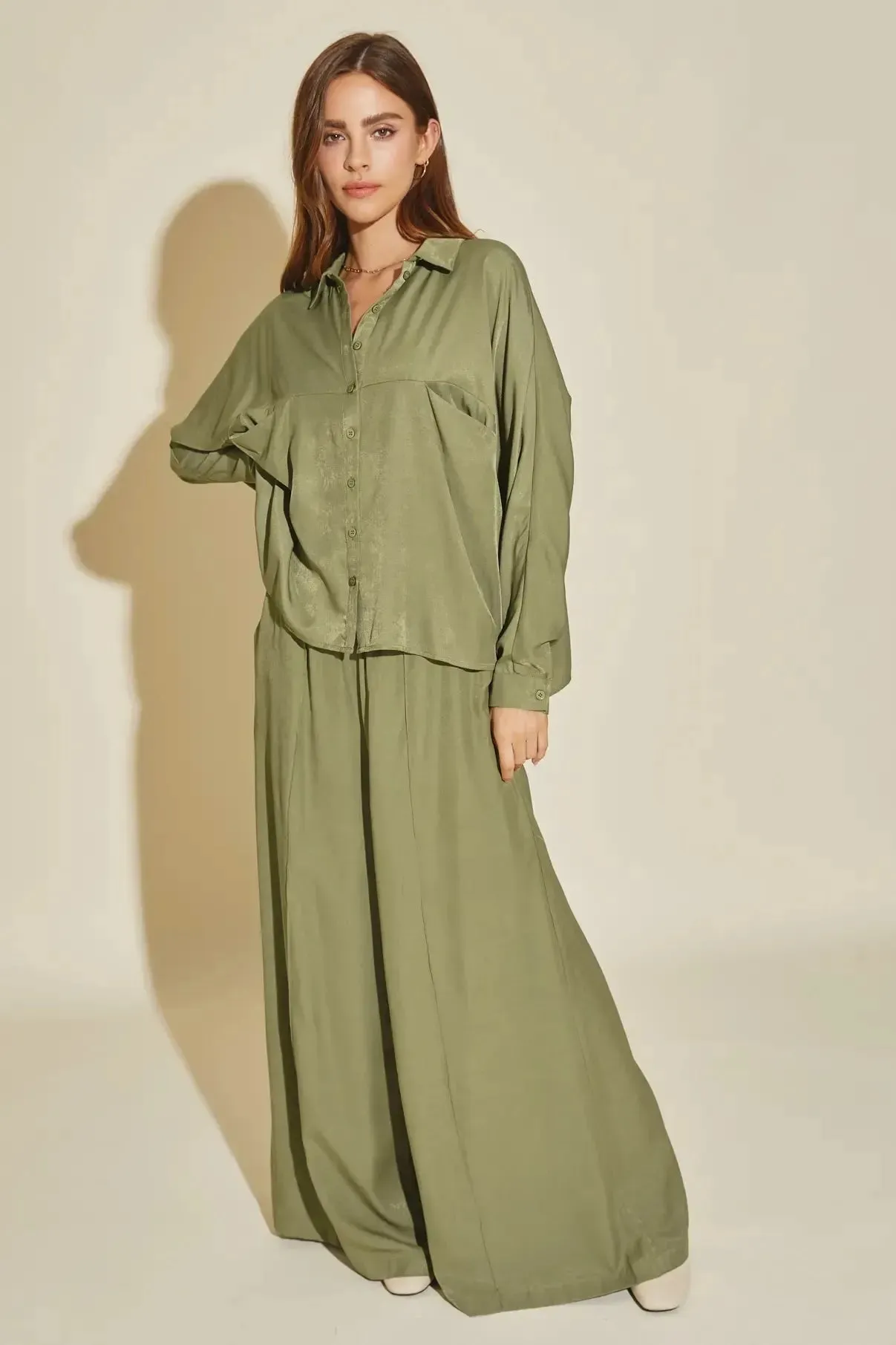 Luxe Satin Button-Down Oversized Flare Shirt