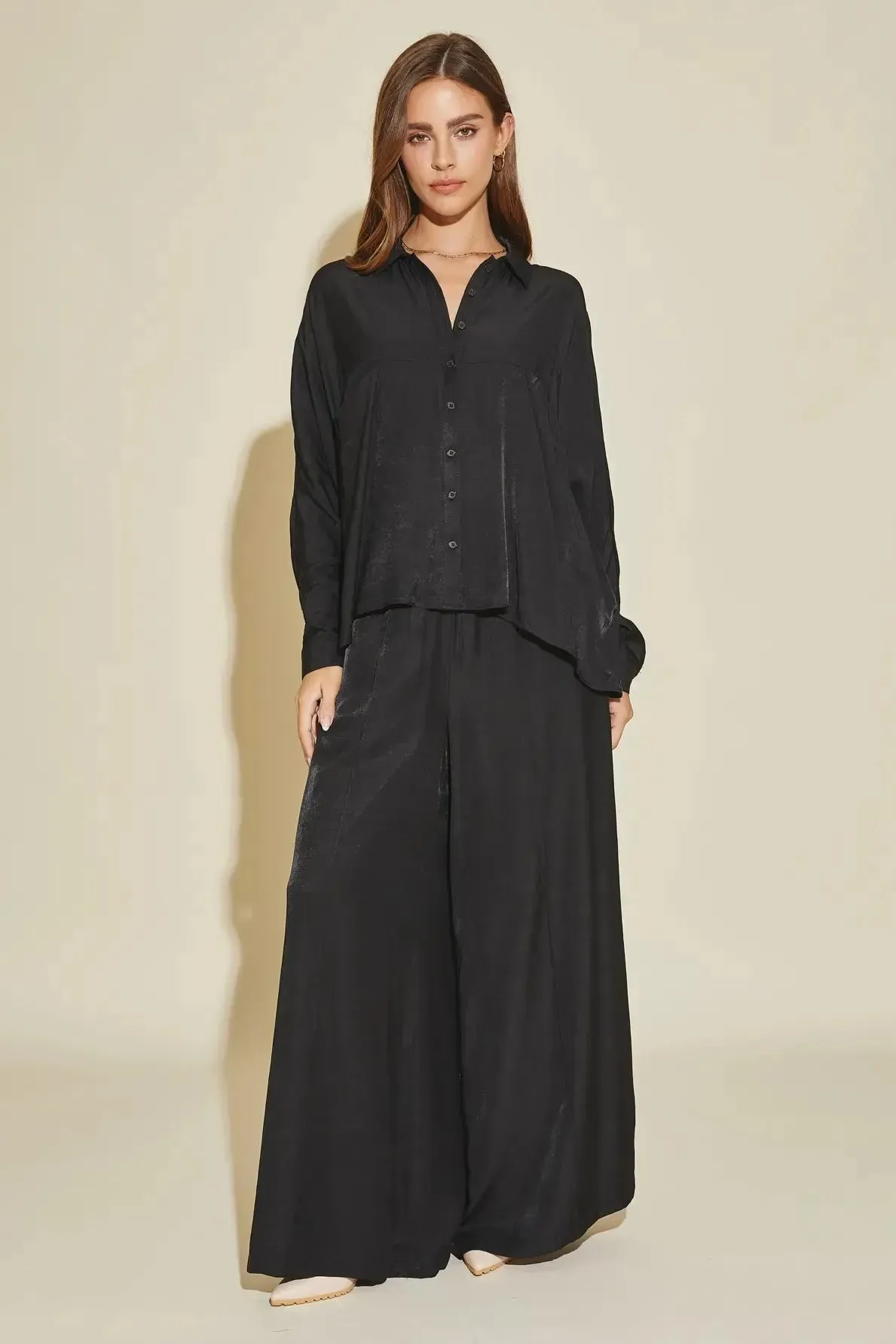 Luxe Satin Button-Down Oversized Flare Shirt