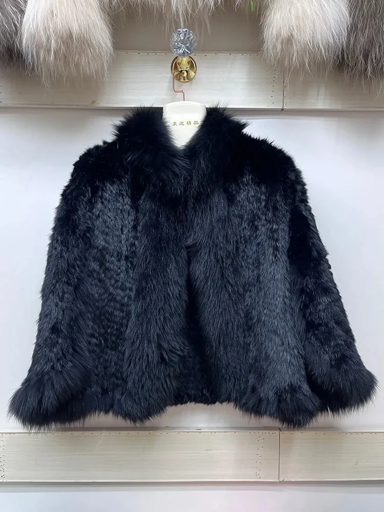 Luxury Women's Knitted Rabbit Fur Bat Shirt Coat with Real Fox Fur Collar – Stylish Outerwear