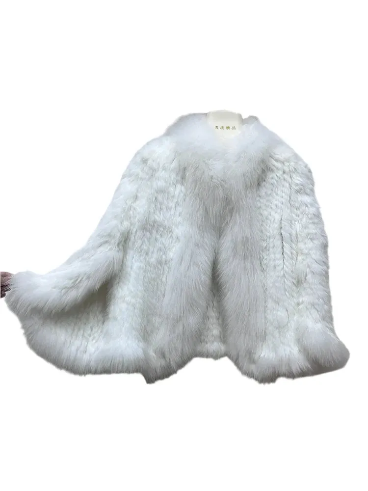 Luxury Women's Knitted Rabbit Fur Bat Shirt Coat with Real Fox Fur Collar – Stylish Outerwear