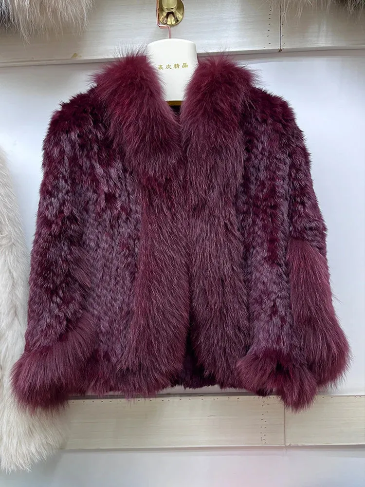 Luxury Women's Knitted Rabbit Fur Bat Shirt Coat with Real Fox Fur Collar – Stylish Outerwear