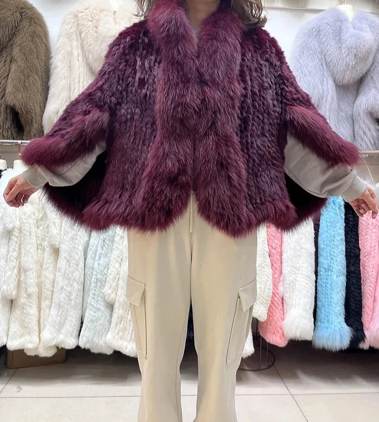 Luxury Women's Knitted Rabbit Fur Bat Shirt Coat with Real Fox Fur Collar – Stylish Outerwear