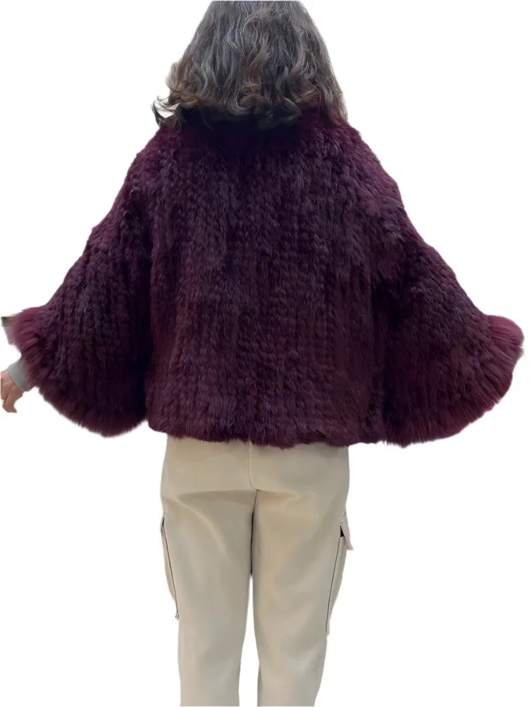 Luxury Women's Knitted Rabbit Fur Bat Shirt Coat with Real Fox Fur Collar – Stylish Outerwear