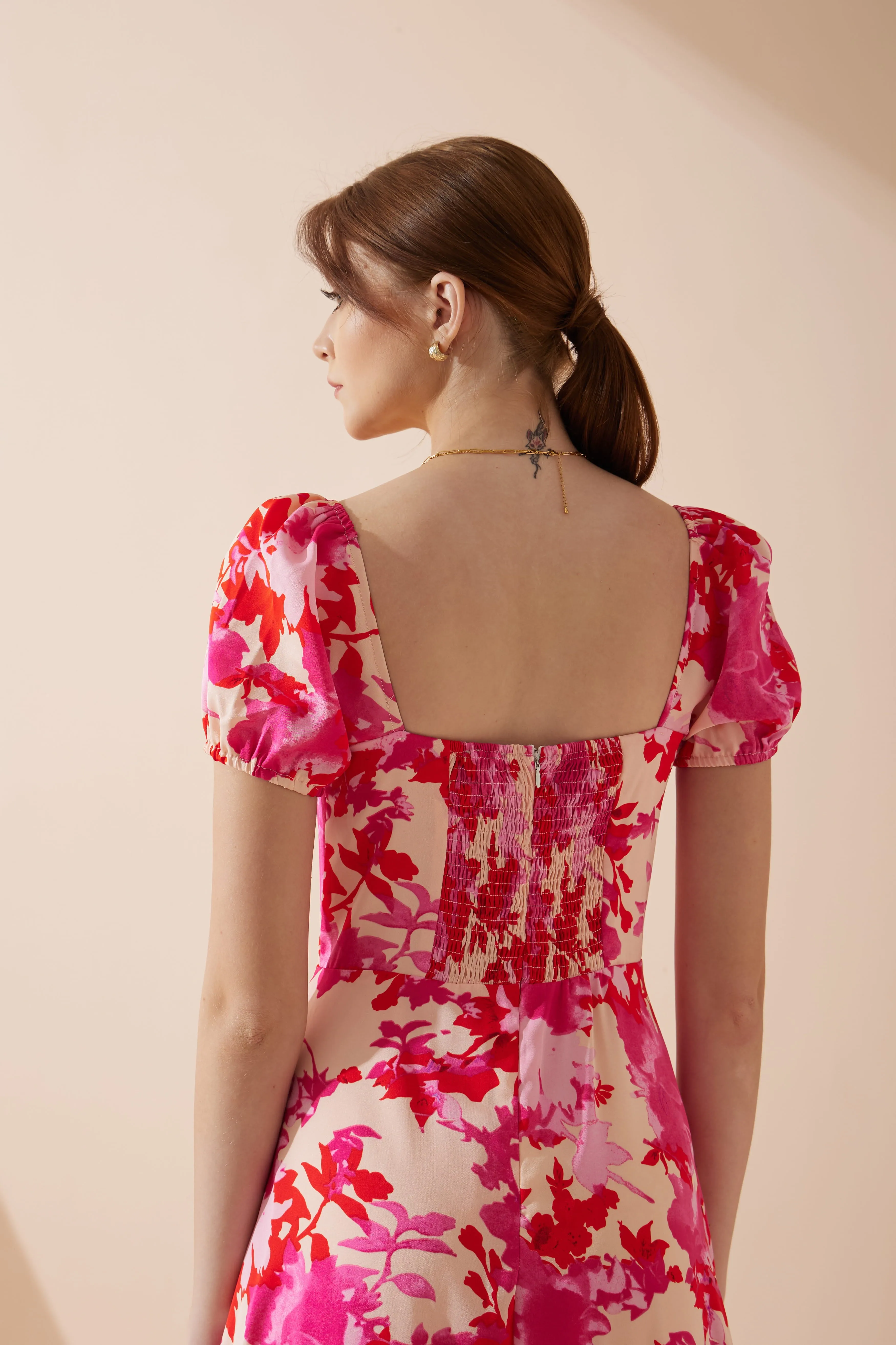 Mabel Pink Red Floral Sweetheart Midi Dress