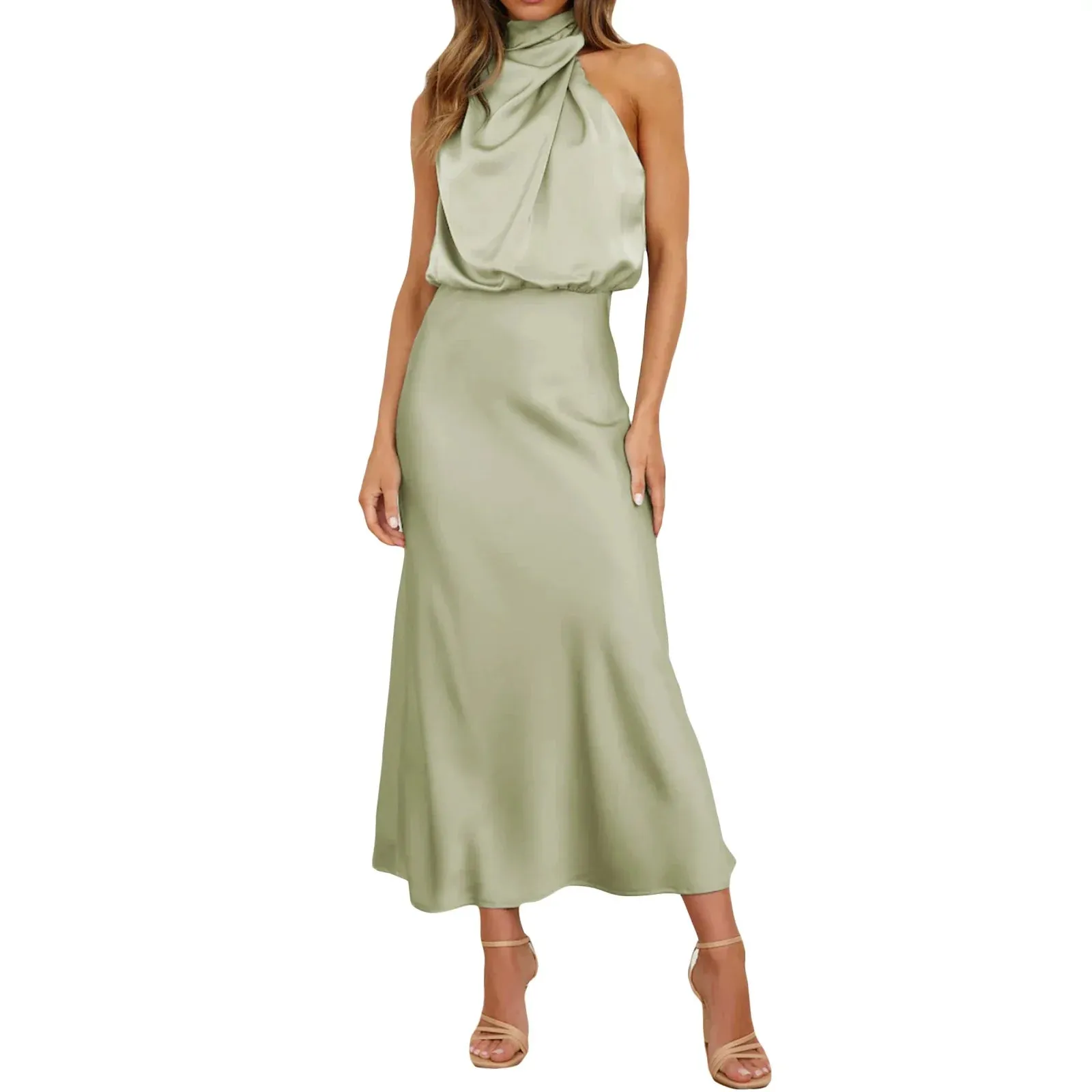 Mock Neck Cocktail Keyhole Elastic Waist Satin High Split Maxi Evening Casual Sleeveless Dress