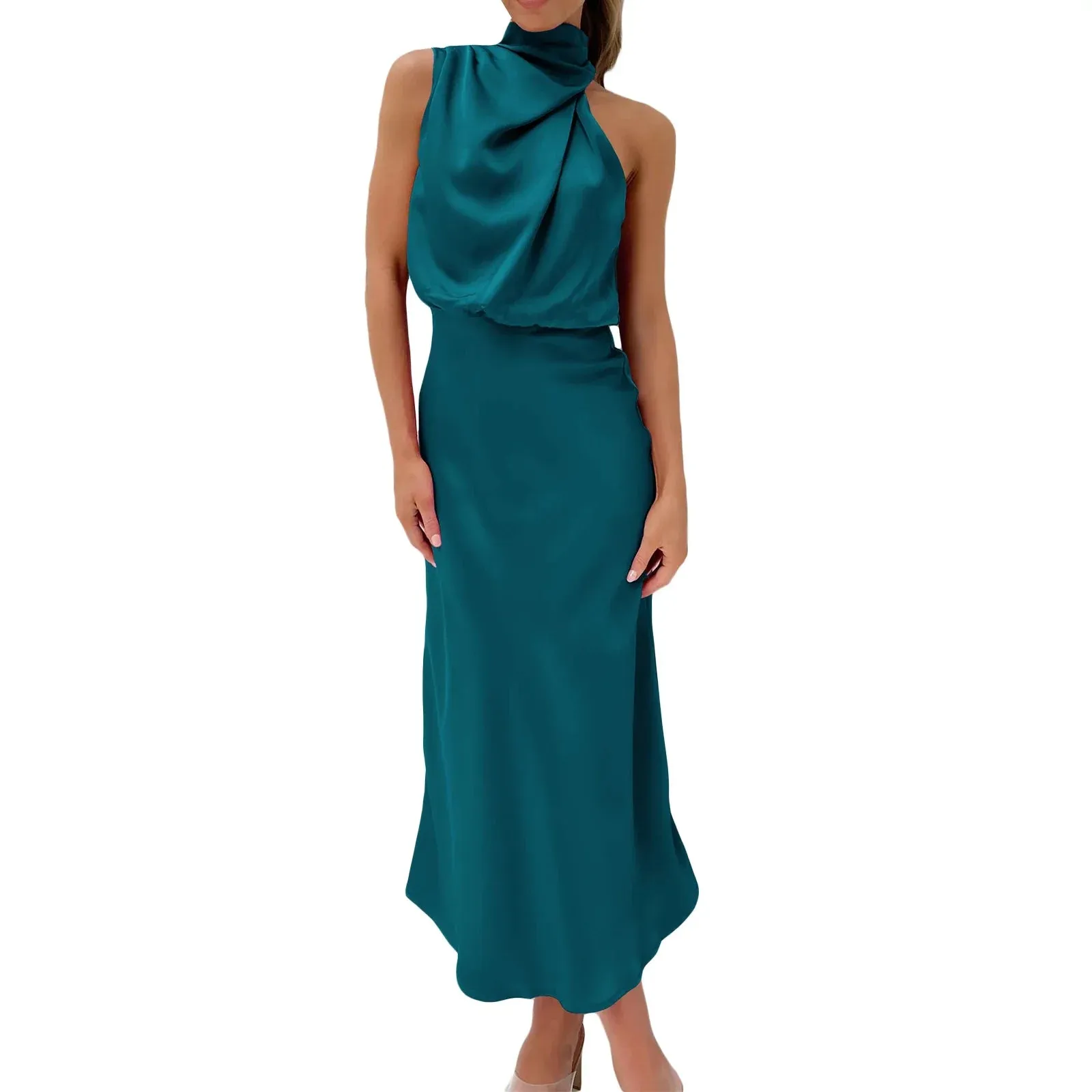 Mock Neck Cocktail Keyhole Elastic Waist Satin High Split Maxi Evening Casual Sleeveless Dress