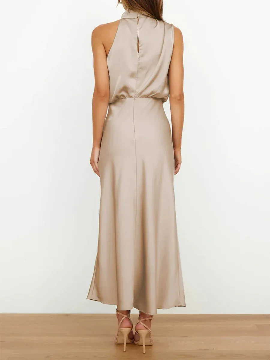 Mock Neck Cocktail Keyhole Elastic Waist Satin High Split Maxi Evening Casual Sleeveless Dress