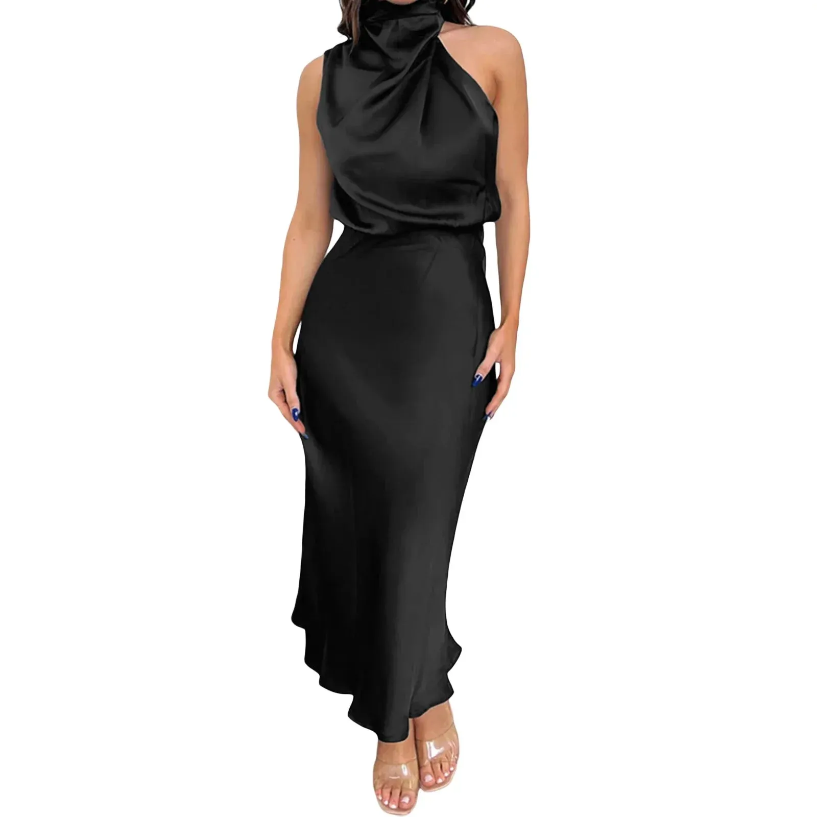 Mock Neck Cocktail Keyhole Elastic Waist Satin High Split Maxi Evening Casual Sleeveless Dress