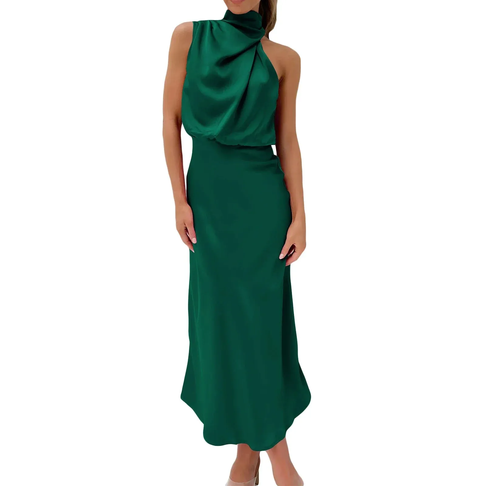 Mock Neck Cocktail Keyhole Elastic Waist Satin High Split Maxi Evening Casual Sleeveless Dress