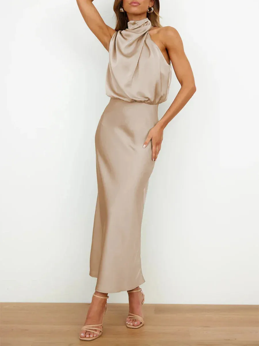 Mock Neck Cocktail Keyhole Elastic Waist Satin High Split Maxi Evening Casual Sleeveless Dress