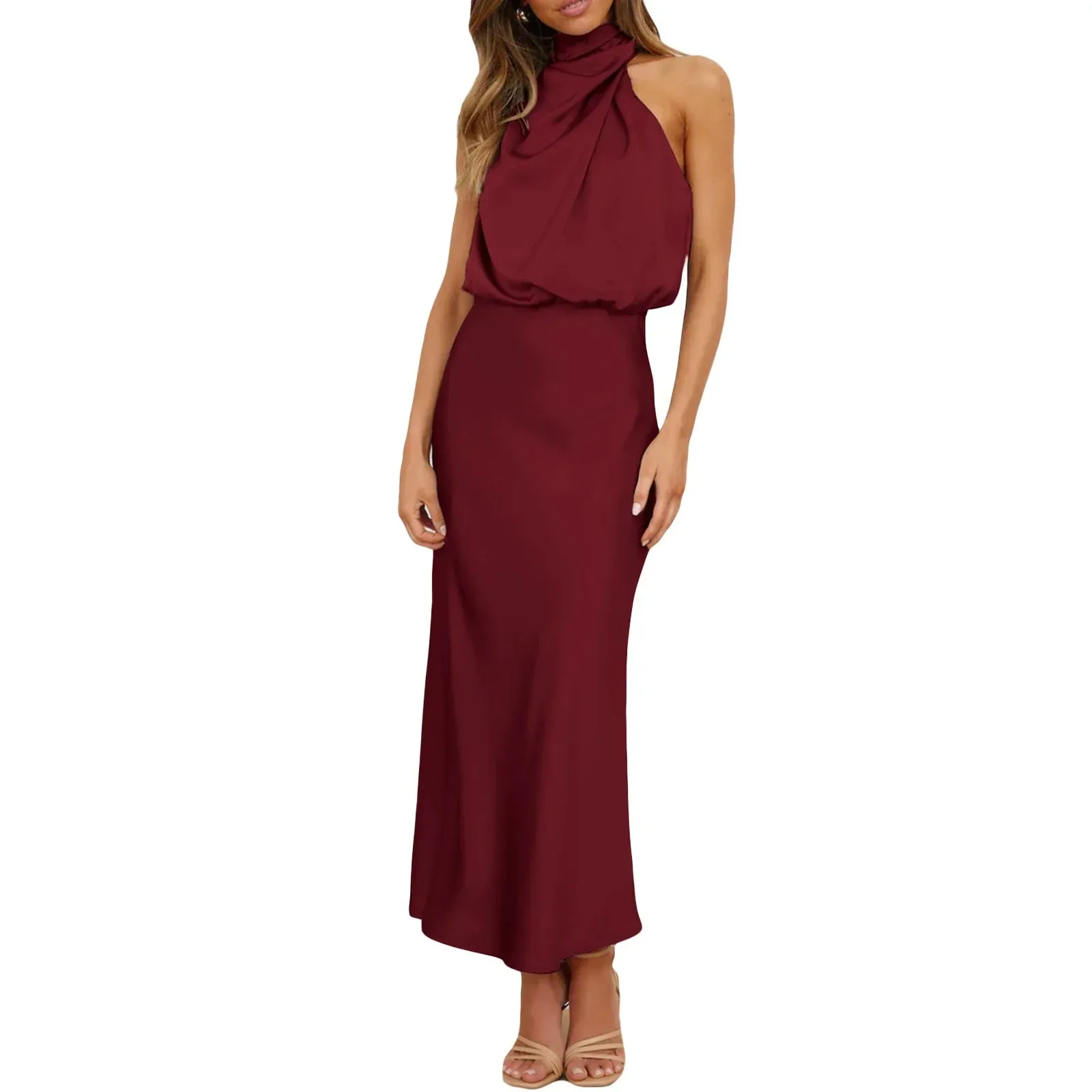 Mock Neck Cocktail Keyhole Elastic Waist Satin High Split Maxi Evening Casual Sleeveless Dress
