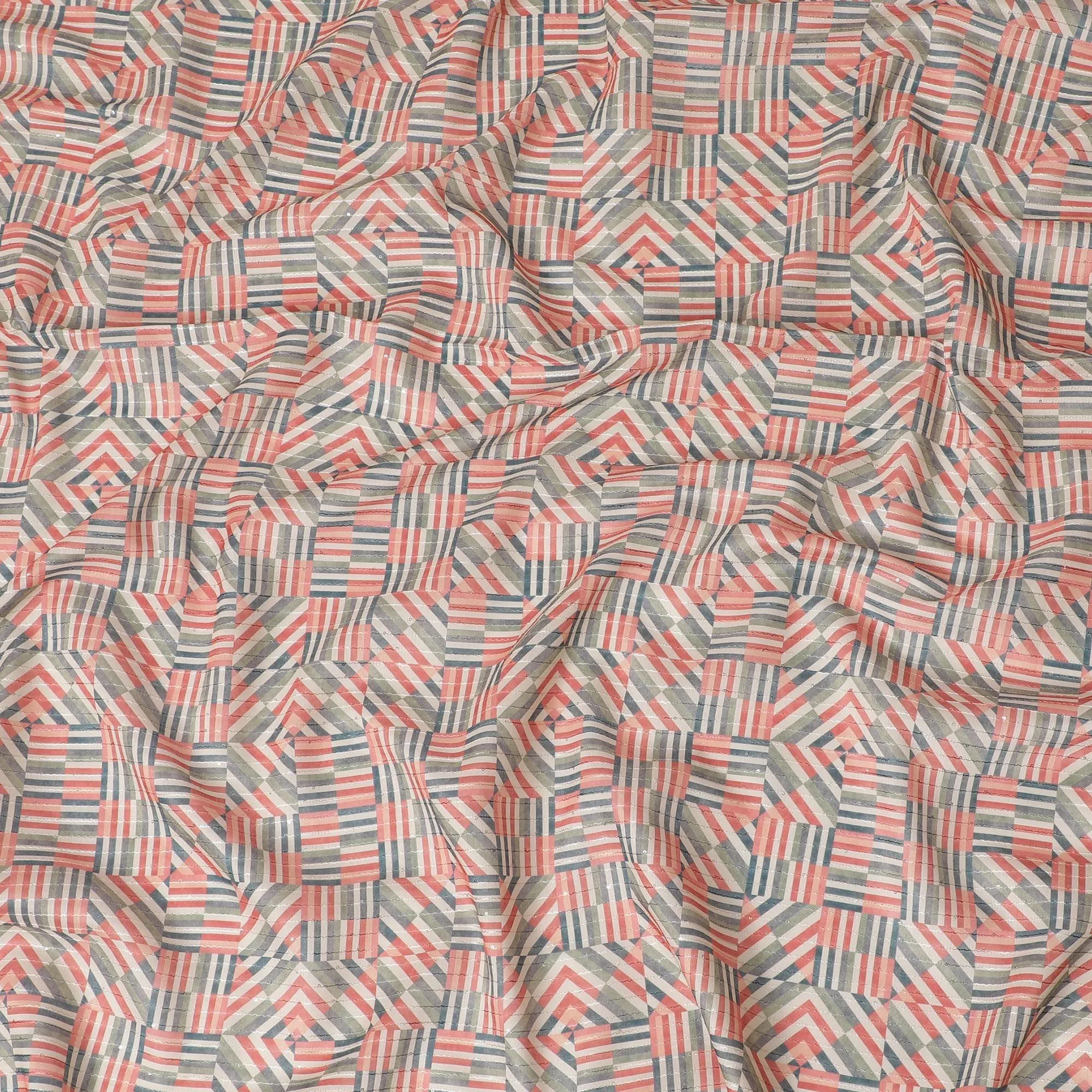 Multicolor synthetic silk fabric with same tone embroidery having sequins in stripe design-D16424