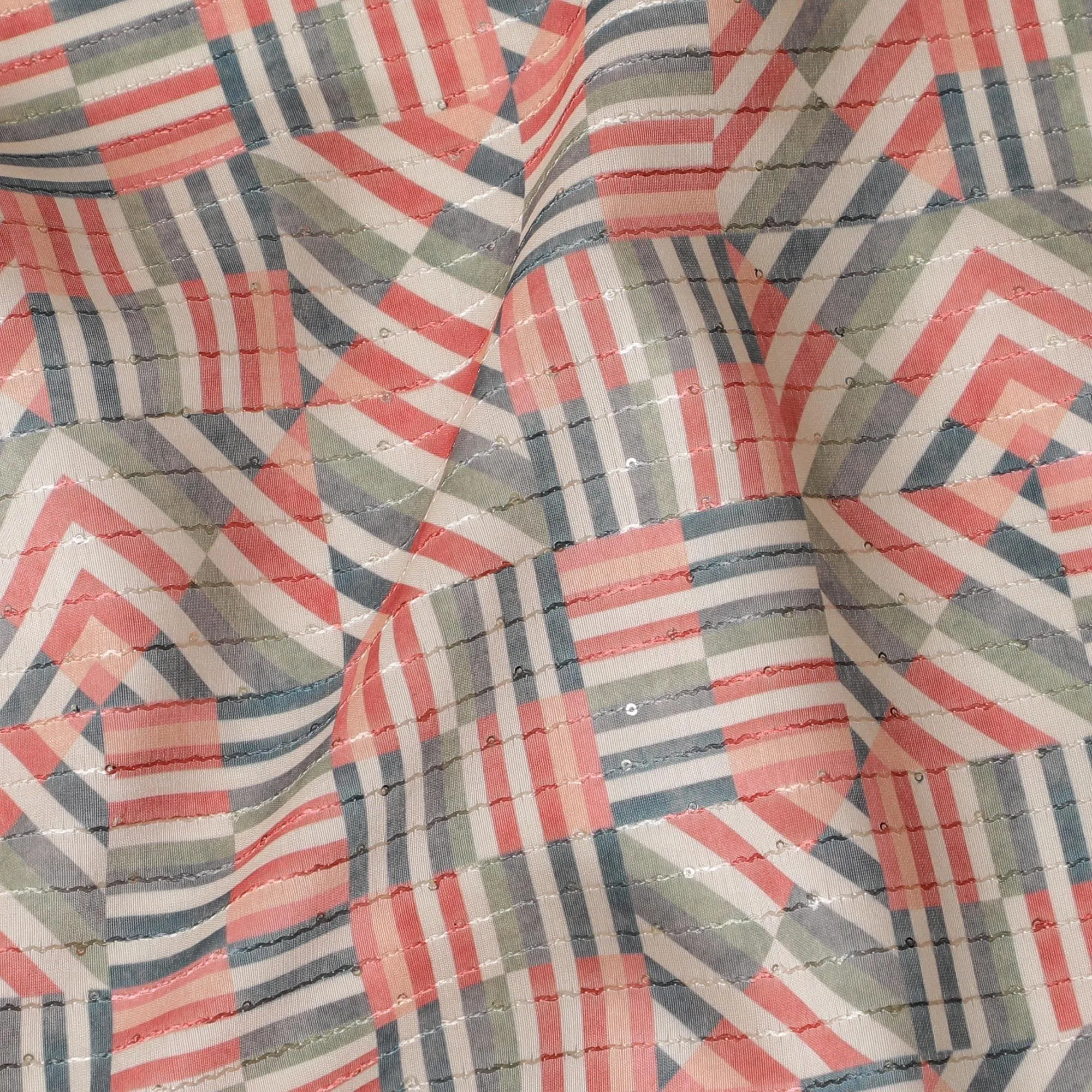 Multicolor synthetic silk fabric with same tone embroidery having sequins in stripe design-D16424