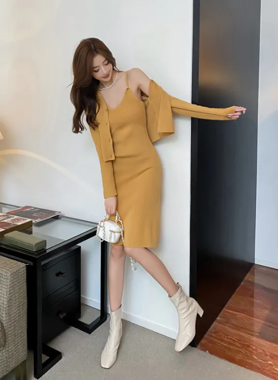 Outfit-Set: Knee-Length Dress   Button-Down Cardigan