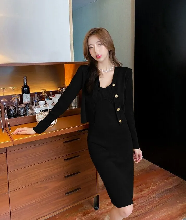 Outfit-Set: Knee-Length Dress   Button-Down Cardigan