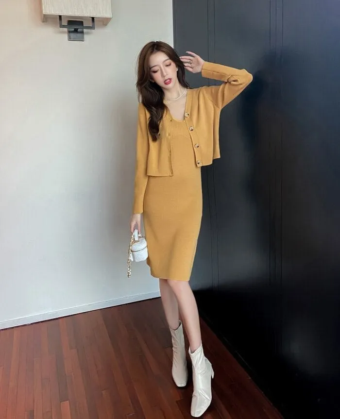 Outfit-Set: Knee-Length Dress   Button-Down Cardigan