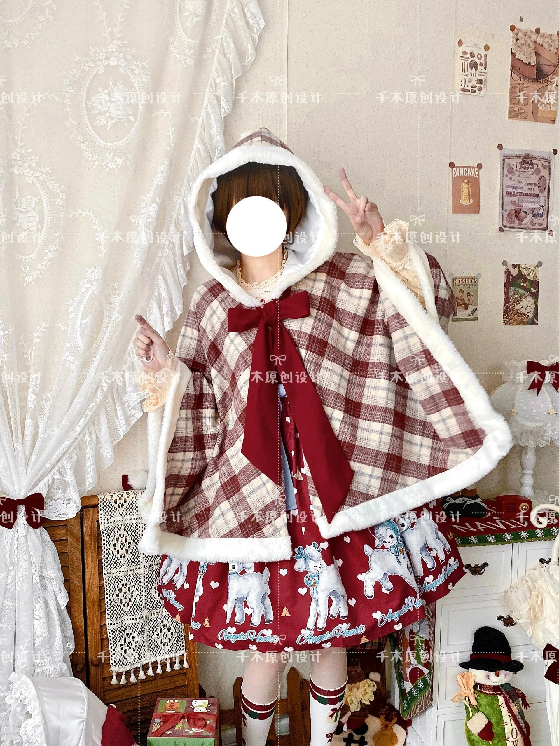 Qianmu~Waffle~Kawaii Lolita Cape Daily Lolita Plaid Hoodie Cloak
