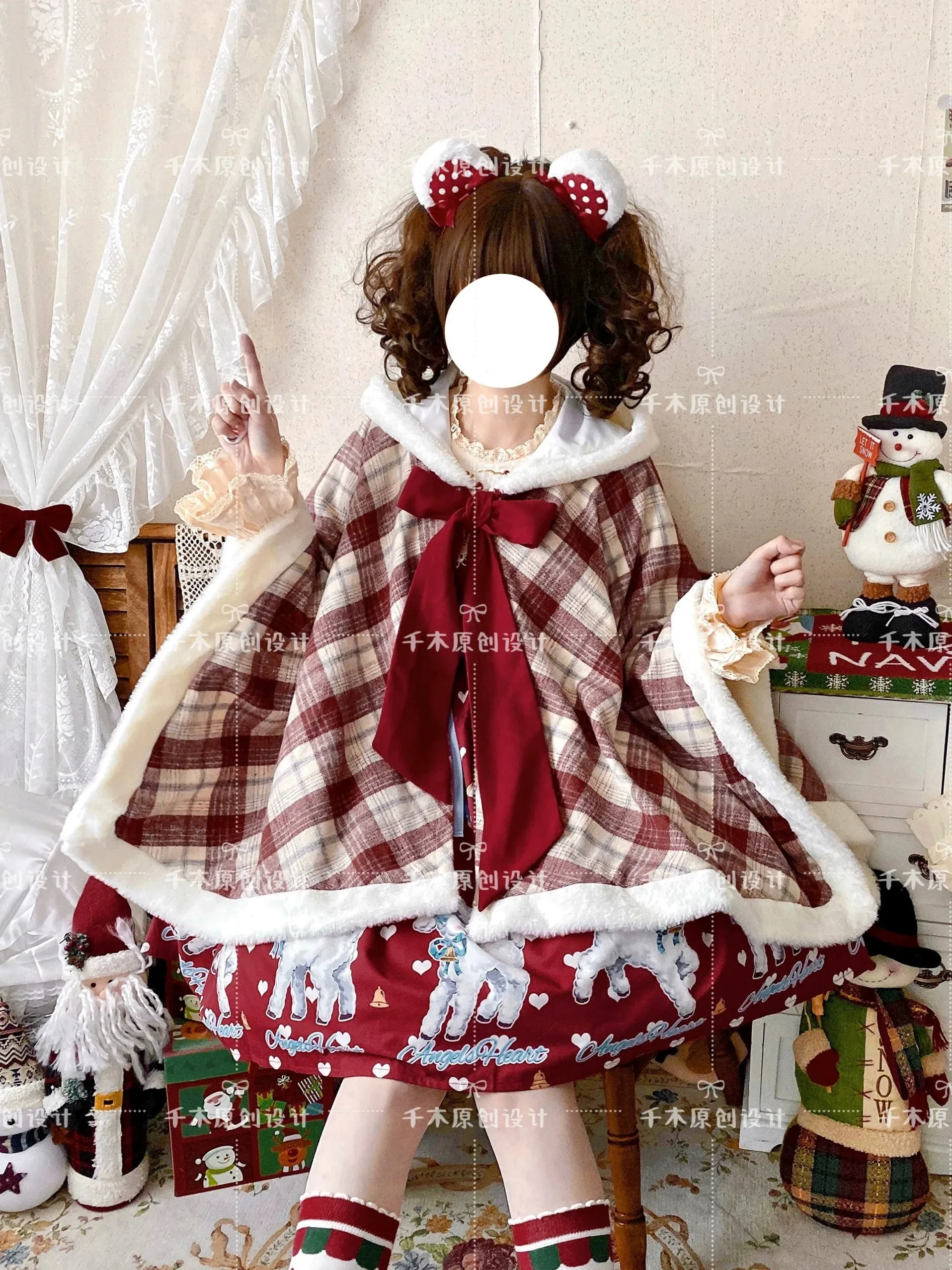 Qianmu~Waffle~Kawaii Lolita Cape Daily Lolita Plaid Hoodie Cloak