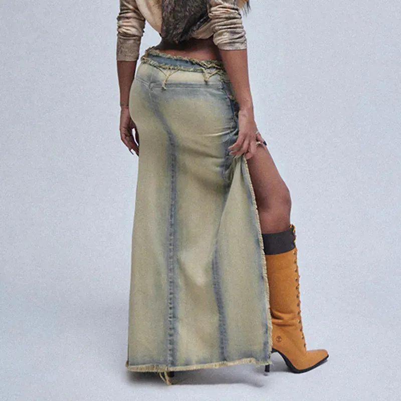 Retro Mini Street Fashion Splice Side Slit Denim Slim Y2K Skirt