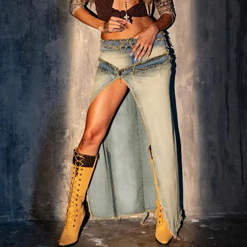 Retro Mini Street Fashion Splice Side Slit Denim Slim Y2K Skirt