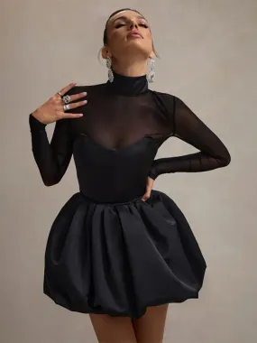 Satin & Mesh High-Neck Mini Dress for Holiday Events
