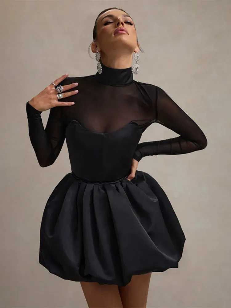 Satin & Mesh High-Neck Mini Dress for Holiday Events