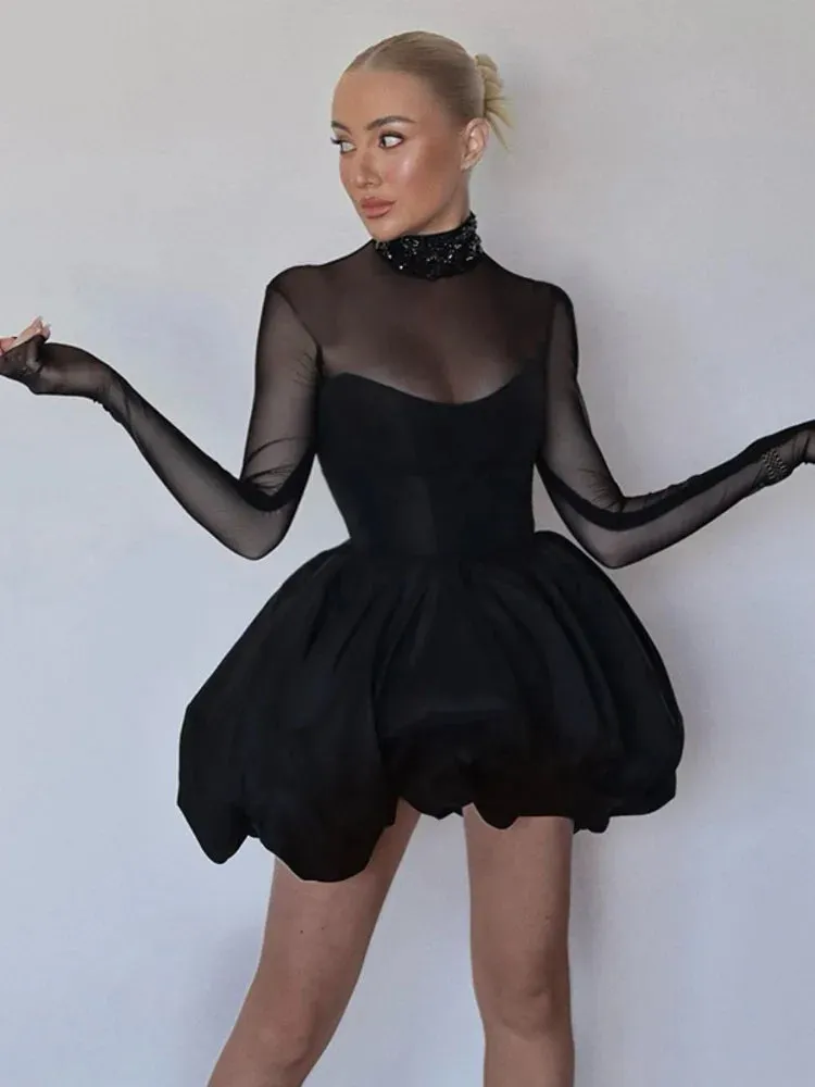 Satin & Mesh High-Neck Mini Dress for Holiday Events