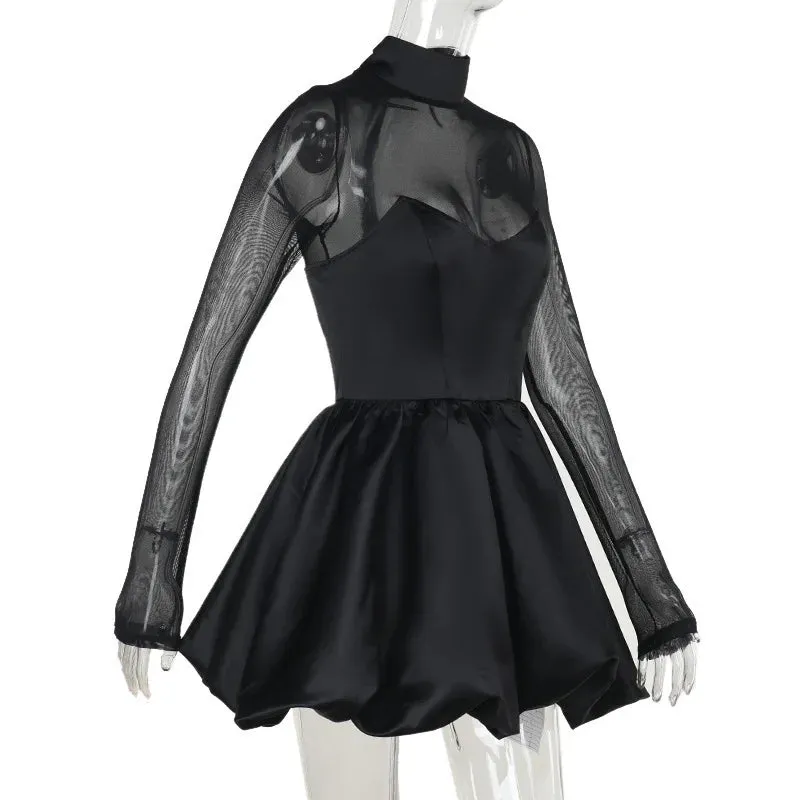 Satin & Mesh High-Neck Mini Dress for Holiday Events