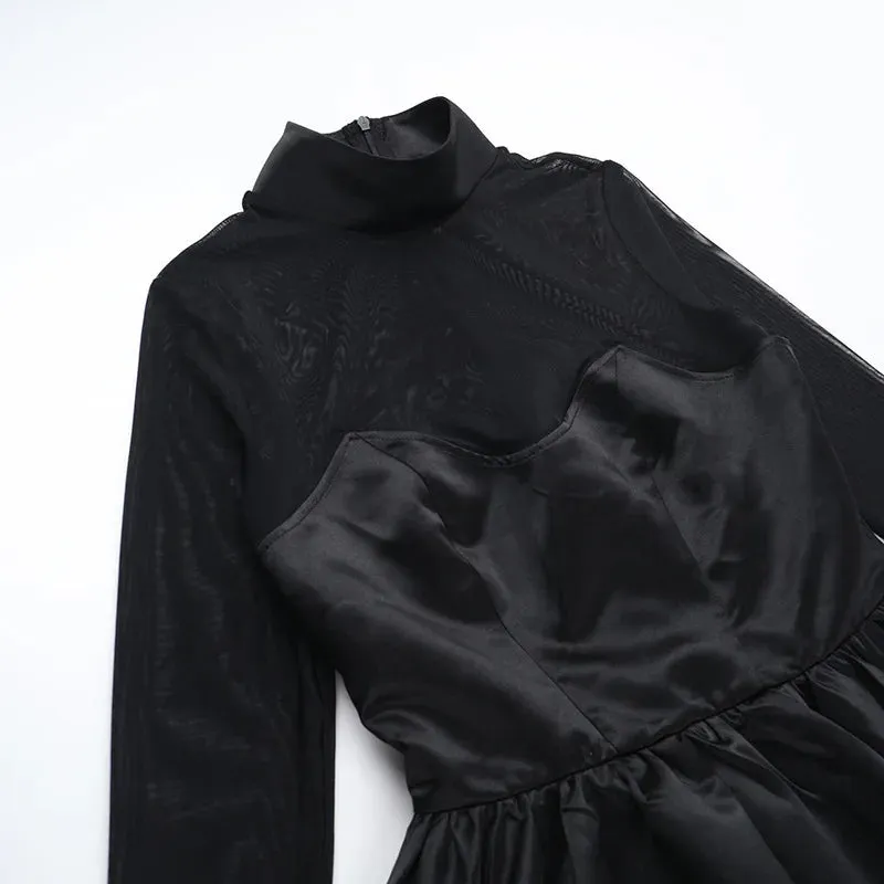 Satin & Mesh High-Neck Mini Dress for Holiday Events