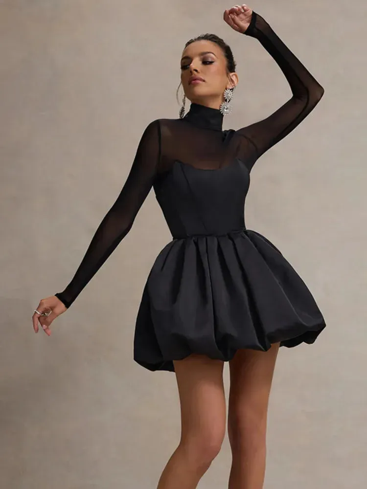 Satin & Mesh High-Neck Mini Dress for Holiday Events
