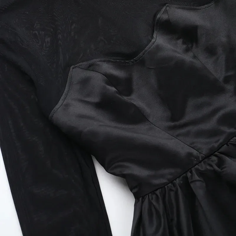 Satin & Mesh High-Neck Mini Dress for Holiday Events