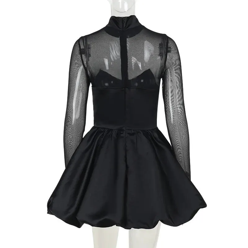 Satin & Mesh High-Neck Mini Dress for Holiday Events