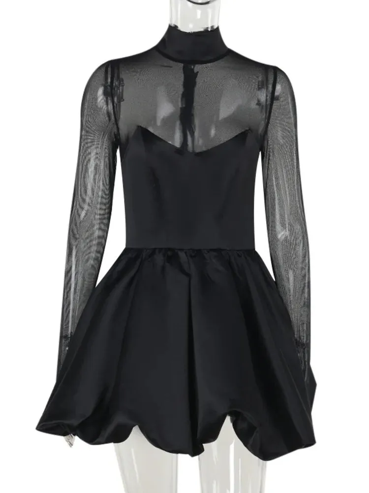 Satin & Mesh High-Neck Mini Dress for Holiday Events