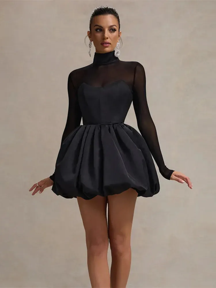 Satin & Mesh High-Neck Mini Dress for Holiday Events