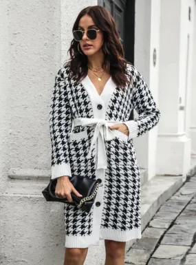 TastyHottie - CARDIGAN HOUNDSTOOTH SINGLE-BREASTED KNITTED DRESS