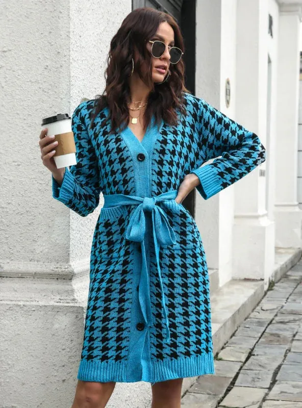 TastyHottie - CARDIGAN HOUNDSTOOTH SINGLE-BREASTED KNITTED DRESS