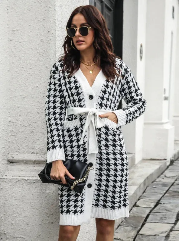 TastyHottie - CARDIGAN HOUNDSTOOTH SINGLE-BREASTED KNITTED DRESS