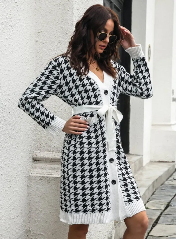 TastyHottie - CARDIGAN HOUNDSTOOTH SINGLE-BREASTED KNITTED DRESS
