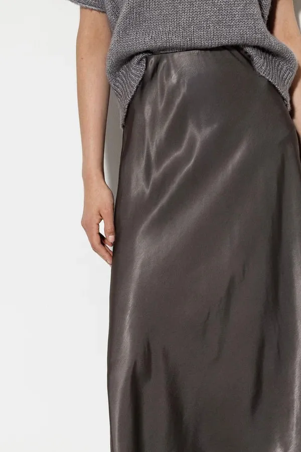 Taupe Satin Midi Skirt