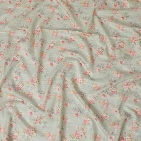 Tea green synthetic silk fabric with same tone embroidery having multicolor print in stripe design-D16426