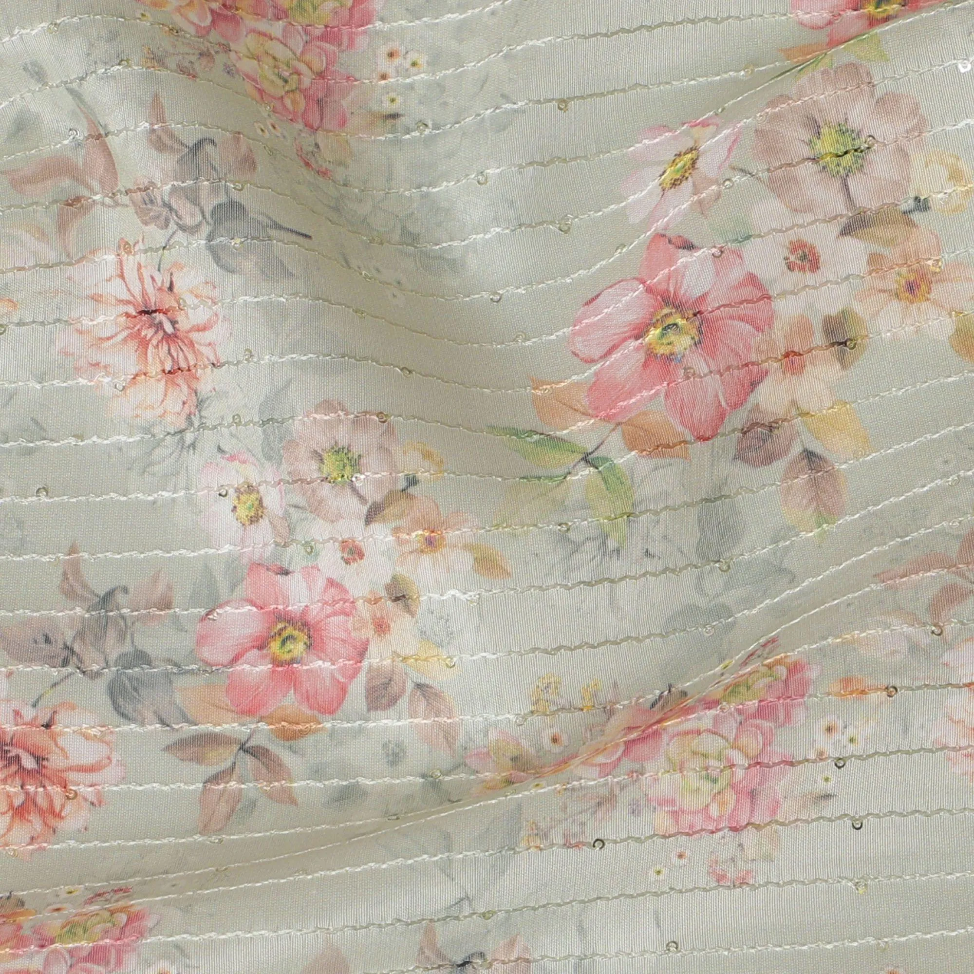 Tea green synthetic silk fabric with same tone embroidery having multicolor print in stripe design-D16426