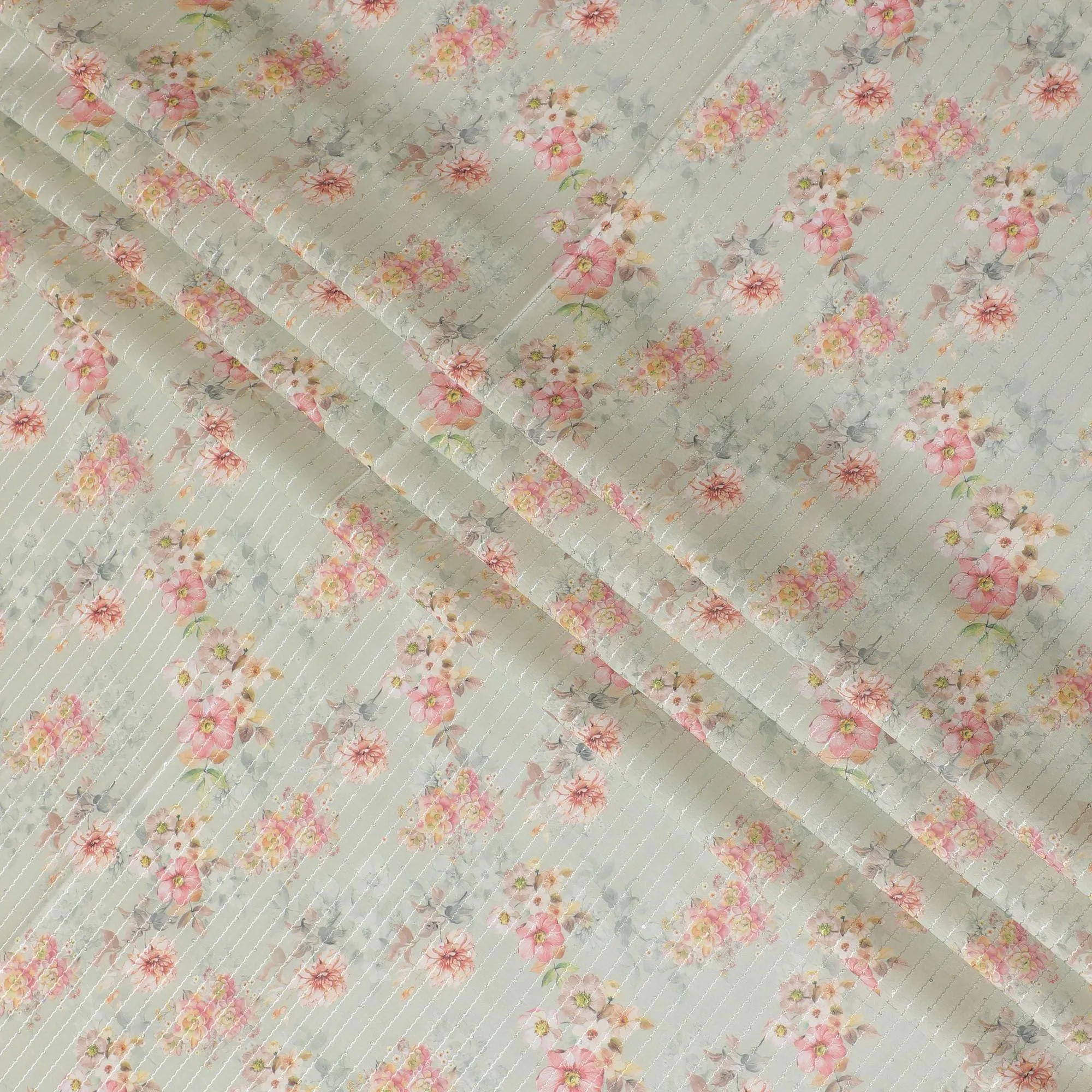 Tea green synthetic silk fabric with same tone embroidery having multicolor print in stripe design-D16426