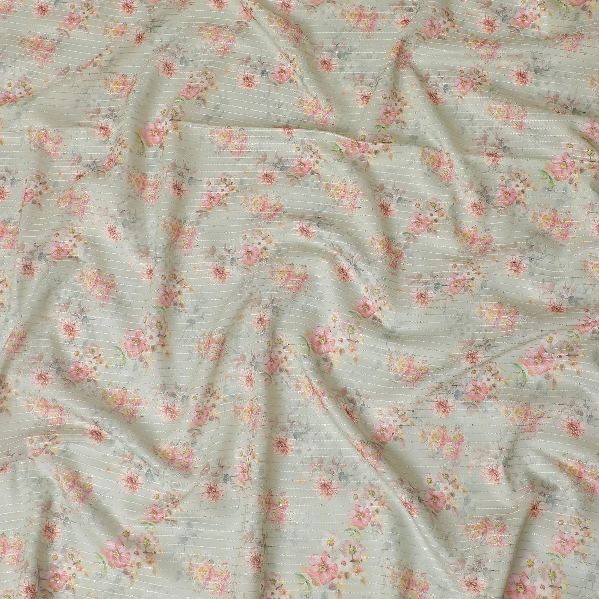 Tea green synthetic silk fabric with same tone embroidery having multicolor print in stripe design-D16426