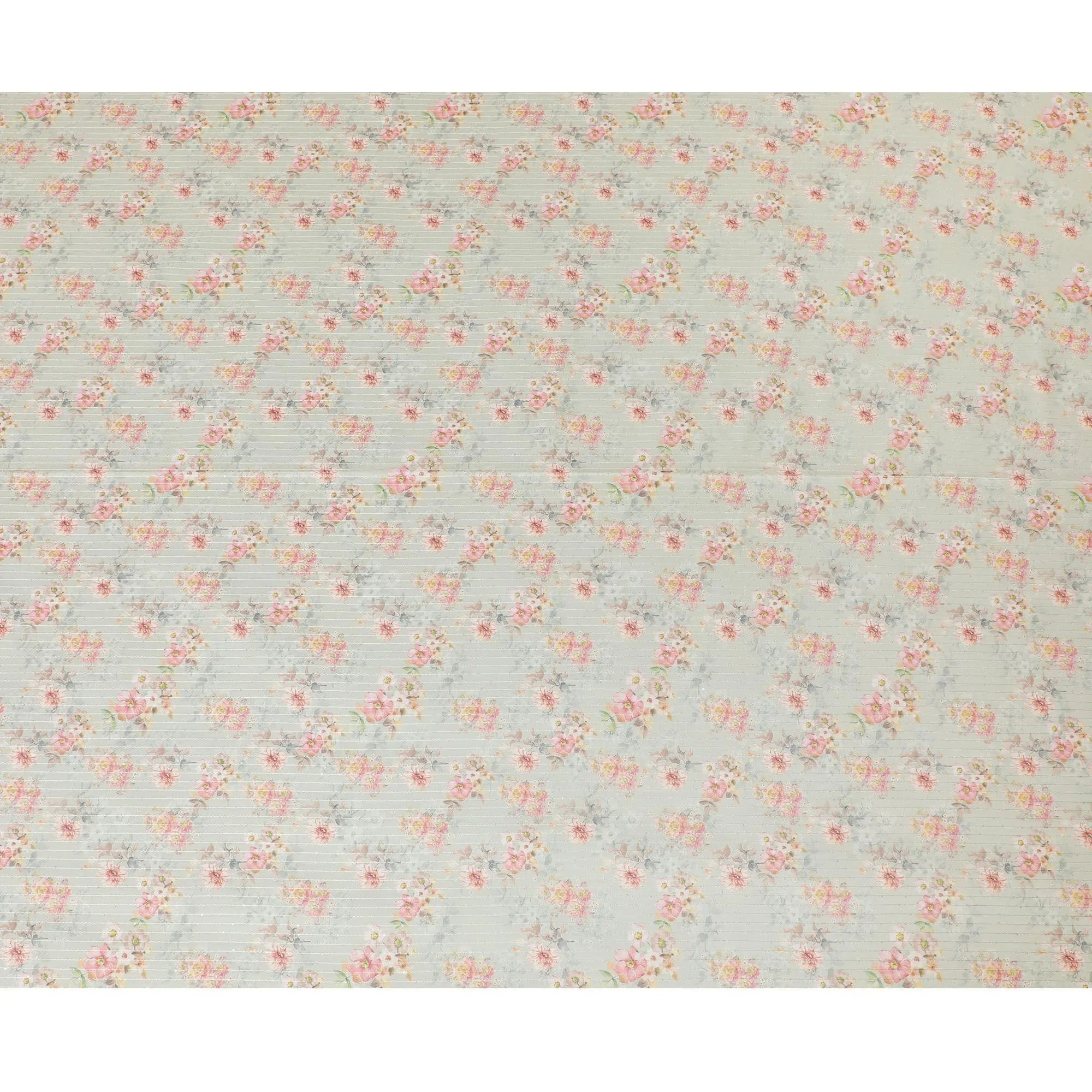 Tea green synthetic silk fabric with same tone embroidery having multicolor print in stripe design-D16426