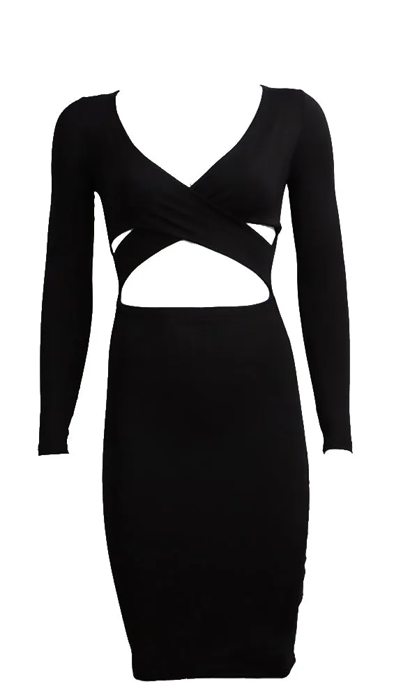 The Nadia Long Sleeve Cut Out Midi Dress Black