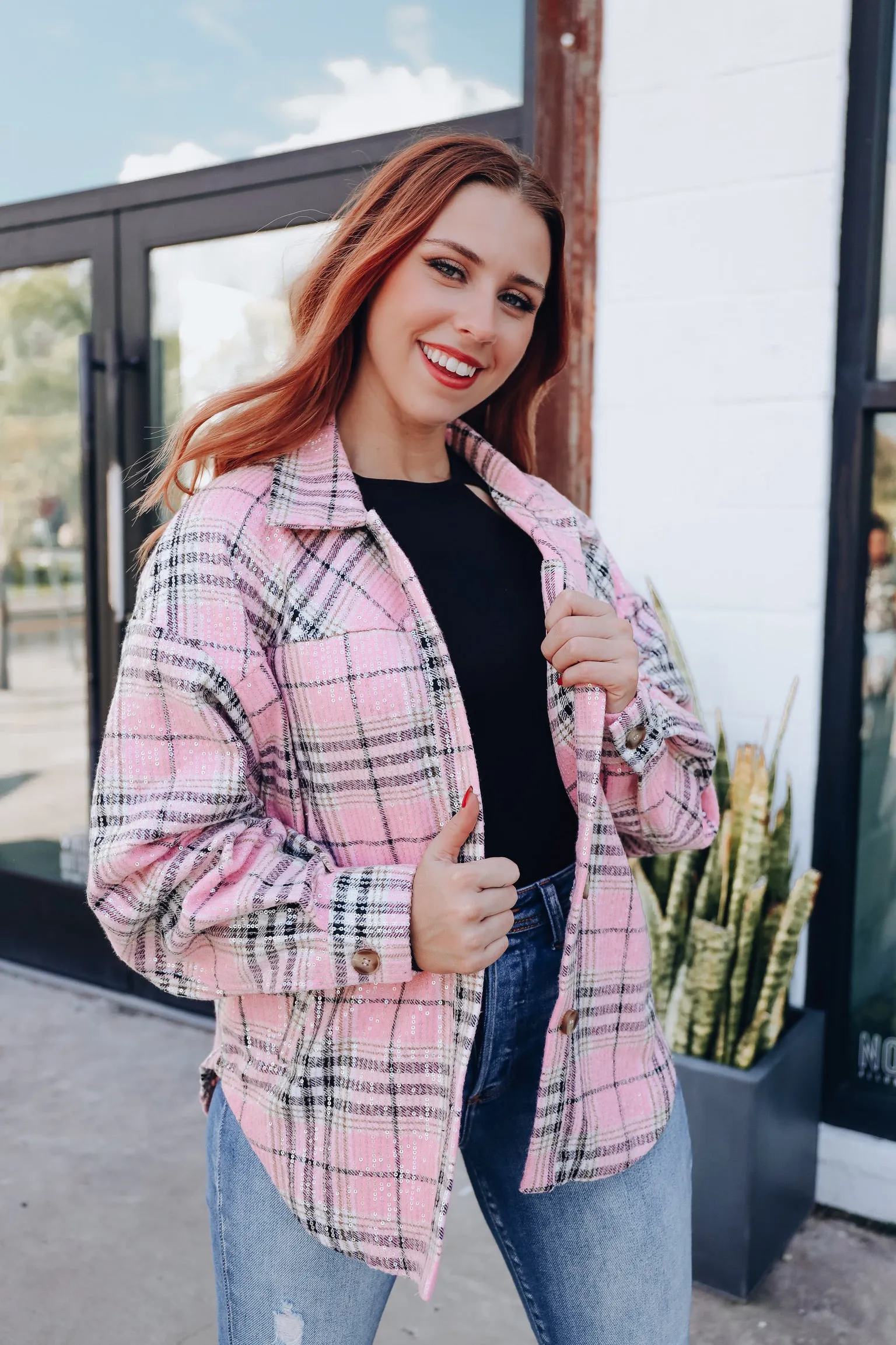 Too Fabulous Flannel Sequined Shacket - Pink